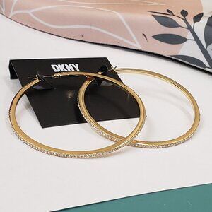 DKNY, NWT, gold tone large hoops with clear rhinestones pierced hoop earrings